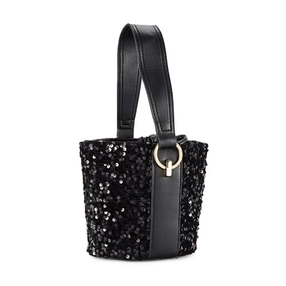 Badgley Mischka Black Sequin Bucket Bag BMH513 Gold Chain‎ Charm
